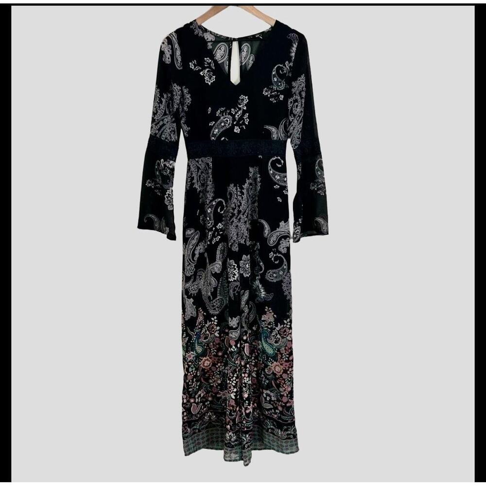 Soieblu Jumpsuit Small Black Paisley Floral Print‎ Wide Leg Bell Sleeve Boho